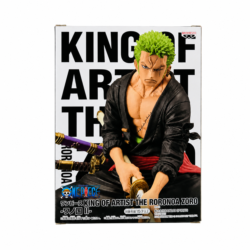 ONE PIECE King of Artist Roronoa Zoro & Sanji Special Ver. figure box side with black background and monochrome Zoro artwork, SPECIAL VER. text detail, Bandai Spirits
