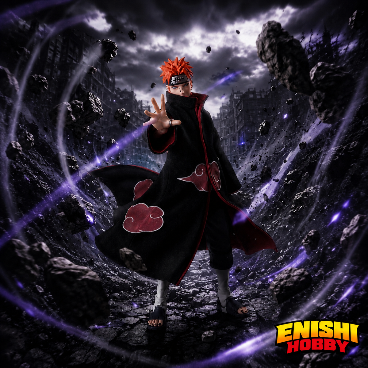 S.H.Figuarts Pain Tendo figure in an Akatsuki cloak with one hand extended, surrounded by purple effects and rubble, with the ENISHI HOBBY logo.