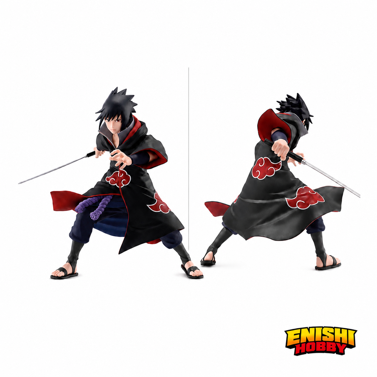 NARUTO Shippuden Vibration Stars Uchiha Sasuke II figure shown from front and rear on white background revealing Akatsuki cloud cloak detail, purple rope belt, sword blade, and red-lined hood, Banpresto collectible, ENISHI HOBBY
