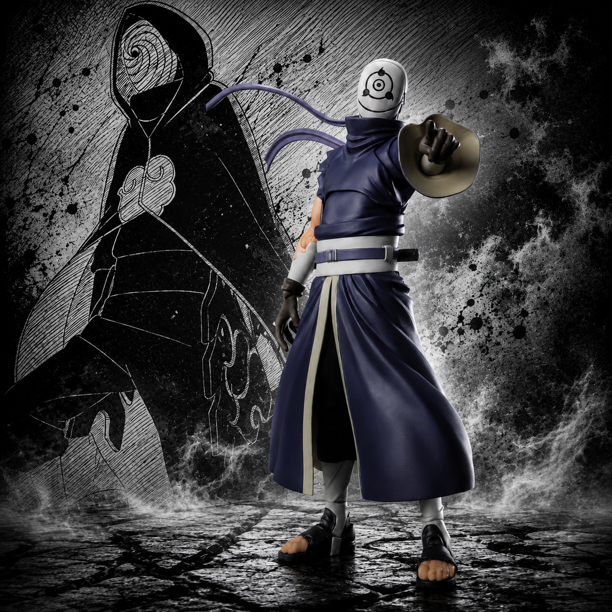 S.H.Figuarts Obito Uchiha figure holding gunbai war fan with Uchiha clan crest background, NARUTO Shippuden collectible
