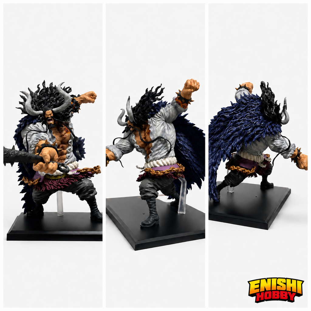 Kaido the Four Emperors Last One Prize figure shown from front, side, and rear angles on white background revealing dark feathered cape and spiked Kanabo detail, Ichiban Kuji ONE PIECE Best of Omnibus, ENISHI HOBBY
