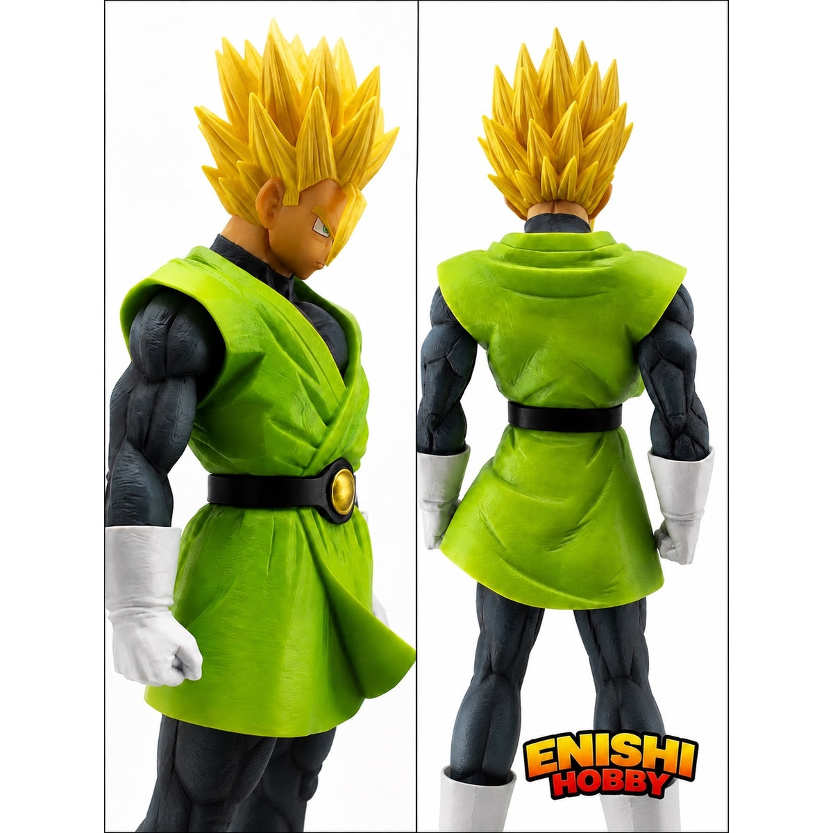 Super Saiyan Son Gohan MASTERLISE figure front and back view showing green gi and golden Super Saiyan hair detail, Ichiban Kuji Dragon Ball Z Prize A, ENISHI HOBBY
