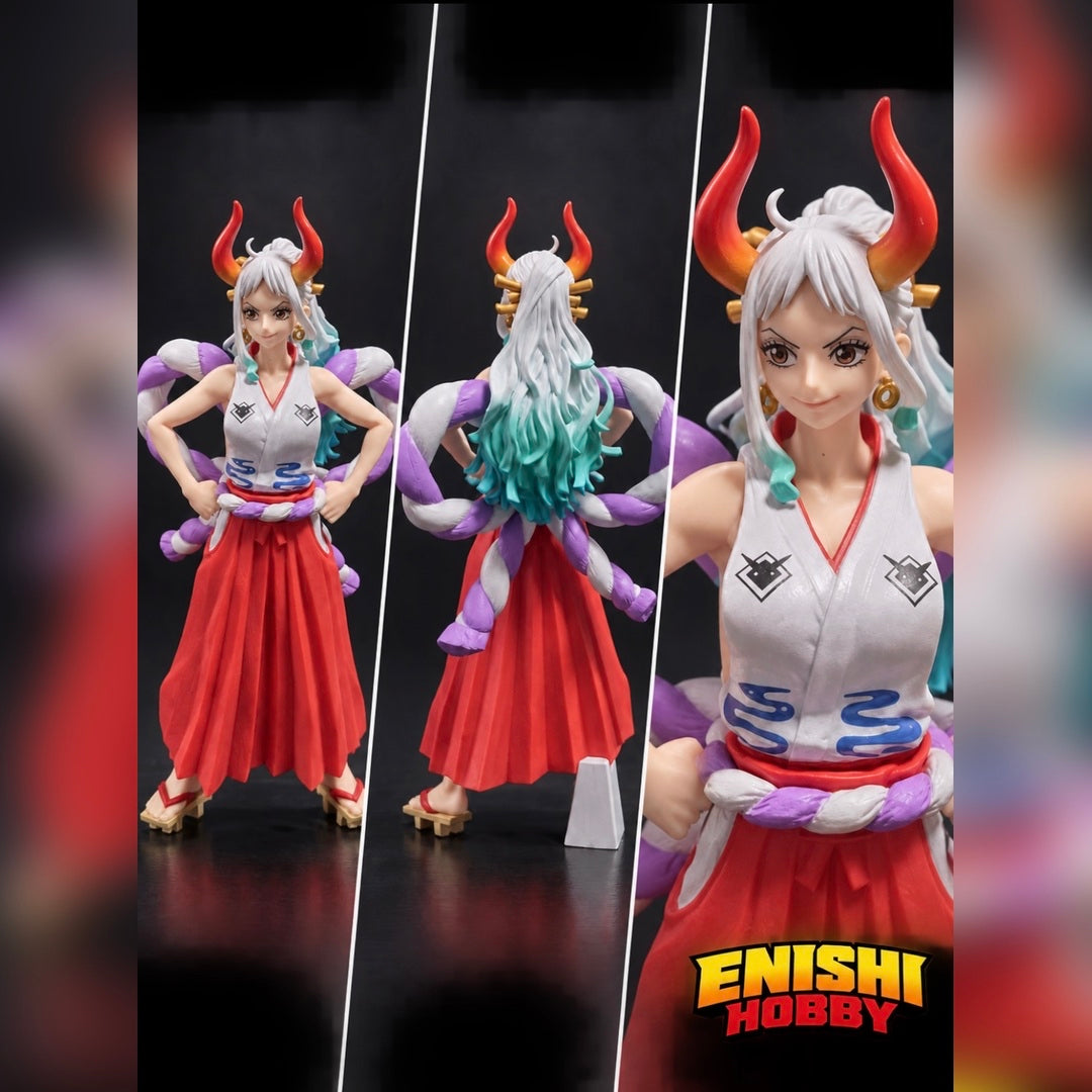 Front and rear views plus a facial close-up of the KING OF ARTIST Yamato figure showing red horns and white-to-turquoise hair.
