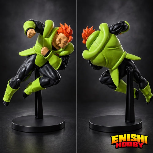 Front and rear views of the MATCH MAKERS Android 16 figure showing his green armor, orange mohawk, and black display stand.
