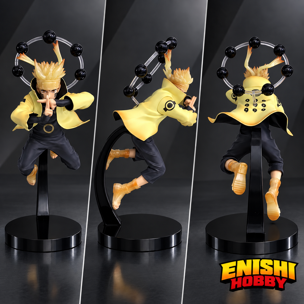 Front, side, and rear views of the VIBRATION STARS Naruto V figure with a yellow cloak, Truth-Seeking Orbs, and a black display stand.