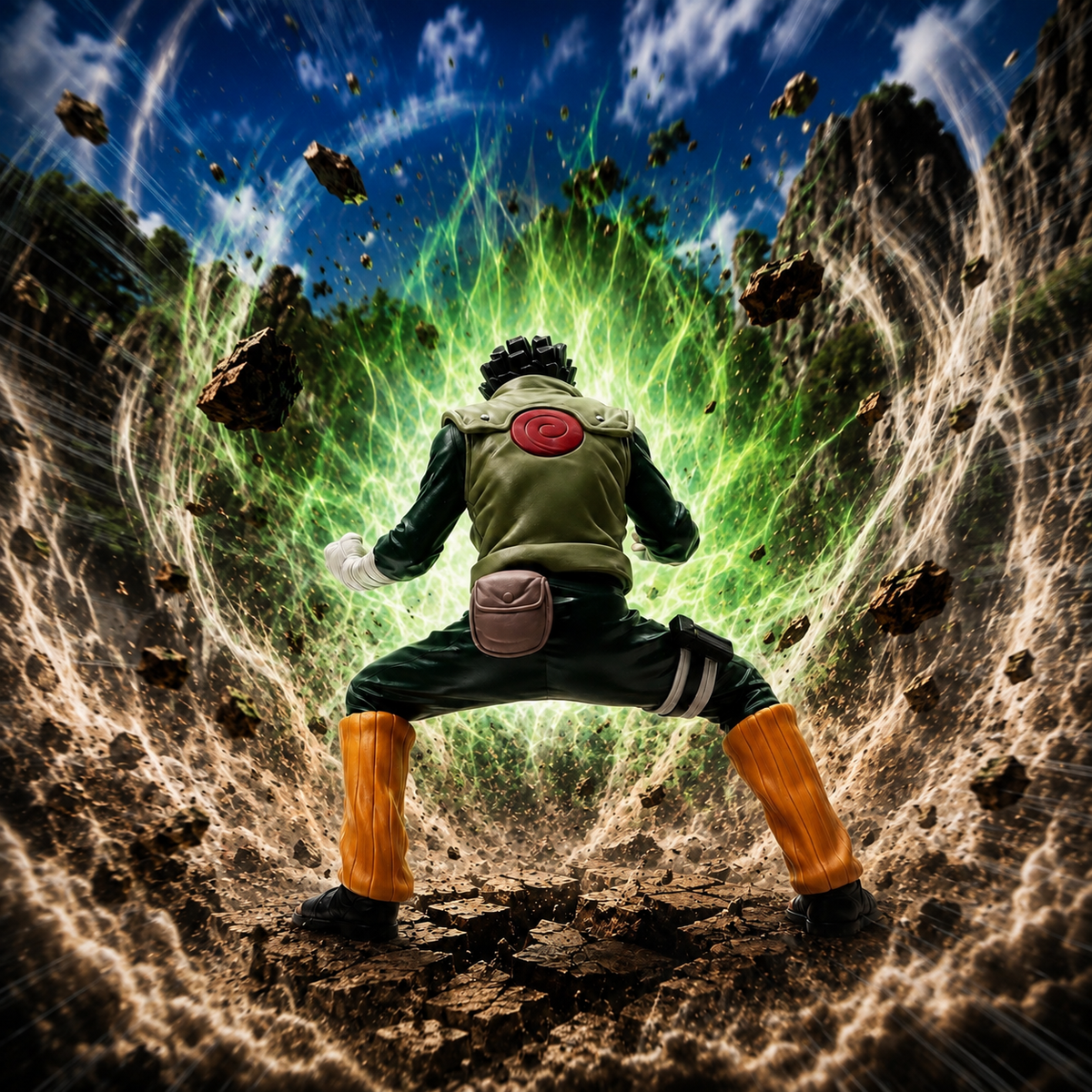Rock Lee Vibration Stars II figure rear view showing Leaf Village symbol on back, green chakra energy burst effect, NARUTO Shippuden Banpresto
