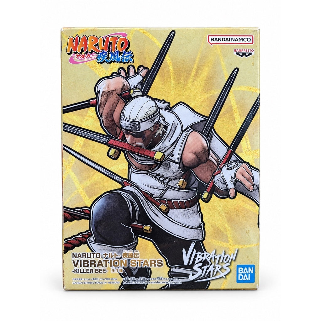 Front of the Banpresto NARUTO Shippuden VIBRATION STARS Killer Bee box featuring outlined figure artwork on a gold background.
