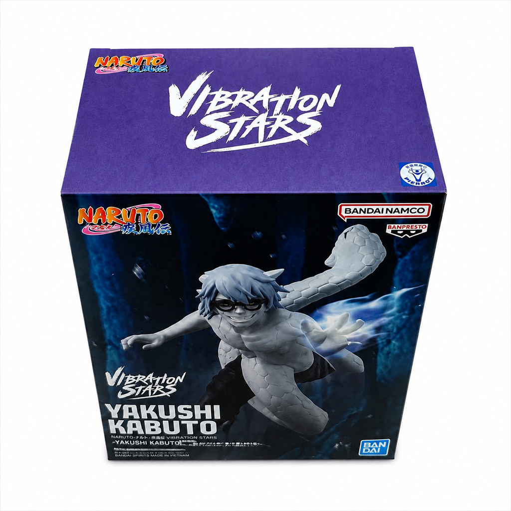 NARUTO Shippuden Vibration Stars Yakushi Kabuto figure box top with purple background featuring large white Vibration Stars brush calligraphy logo center, NARUTO Shippuden logo top left corner, Pierrot studio sticker bottom right corner
