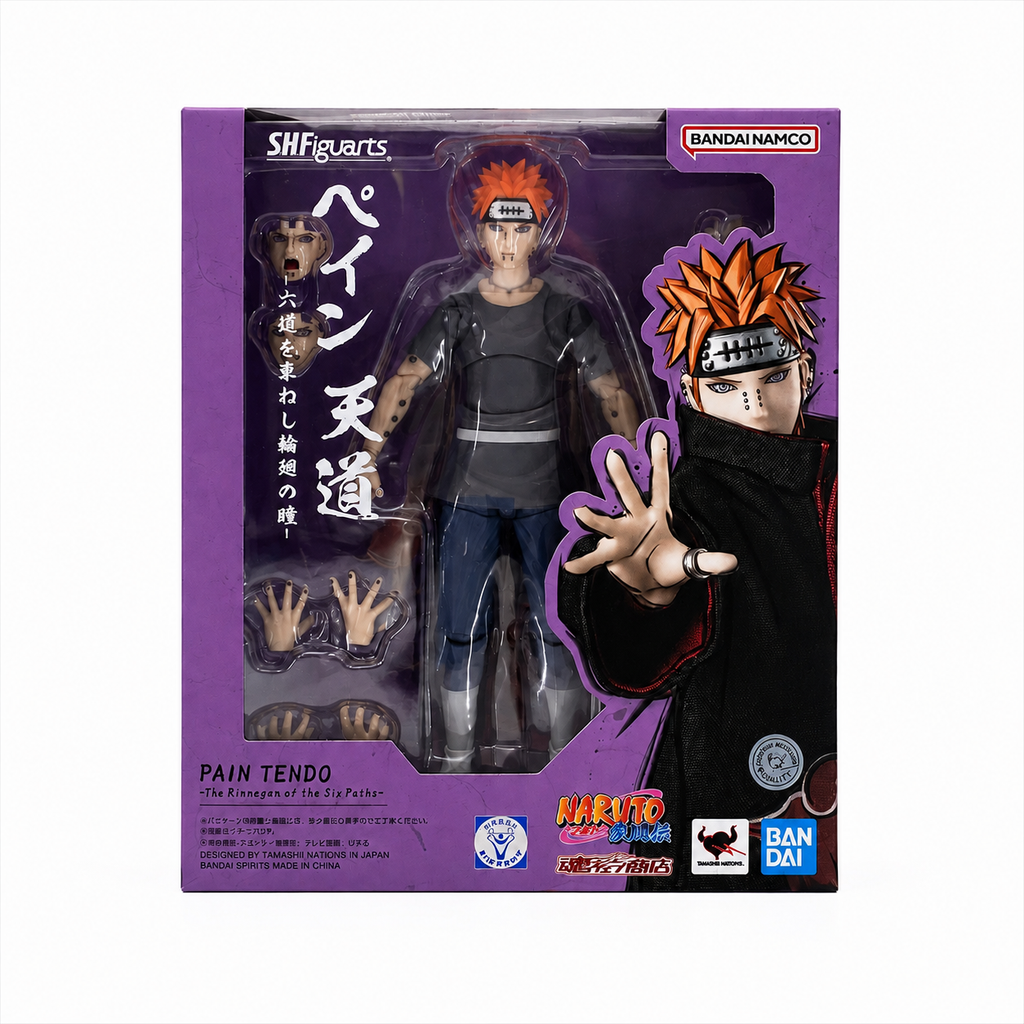 Front of the S.H.Figuarts Pain Tendo purple window box showing the figure, interchangeable hands, and facial expression parts.
