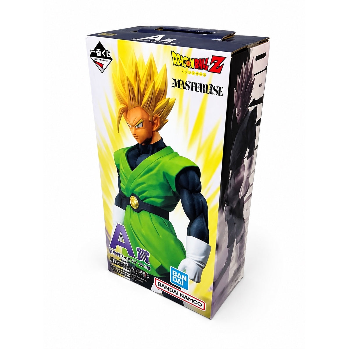 Ichiban Kuji Dragon Ball Z MASTERLISE Prize A Son Gohan figure box angled view showing Super Saiyan artwork, Bandai Namco Bandai Spirits
