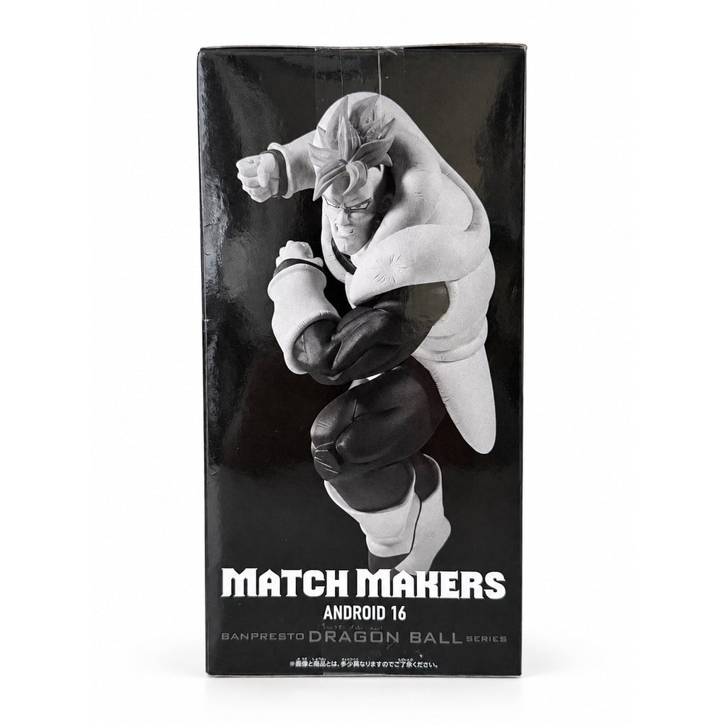 Side panel of the MATCH MAKERS Android 16 box featuring a grayscale image of the figure with a clenched fist drawn back.