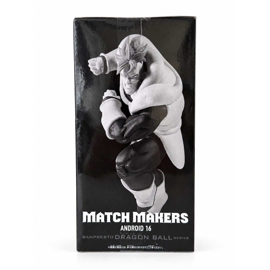 Side panel of the MATCH MAKERS Android 16 box featuring a grayscale image of the figure with a clenched fist drawn back.