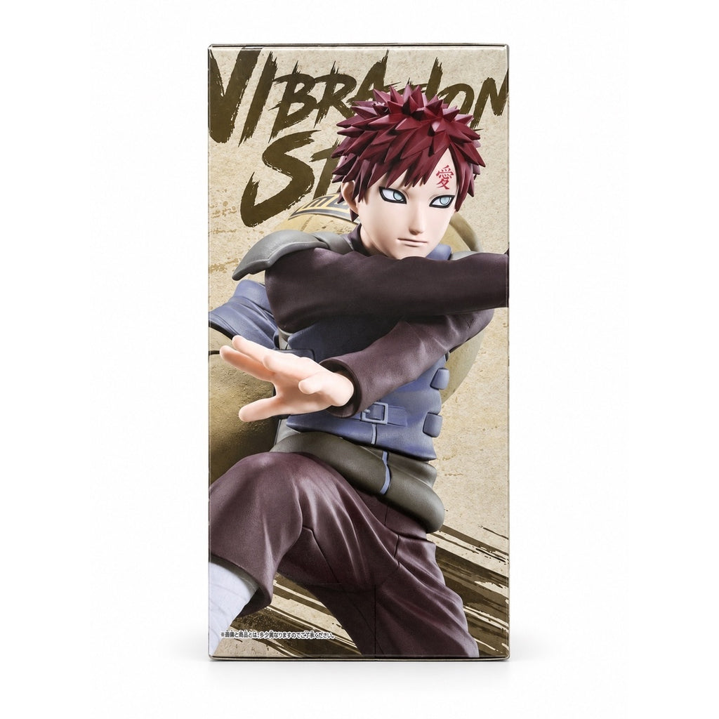 Side panel of the NARUTO Shippuden Gaara figure box showing his red hair, forehead mark, and outstretched hand.
