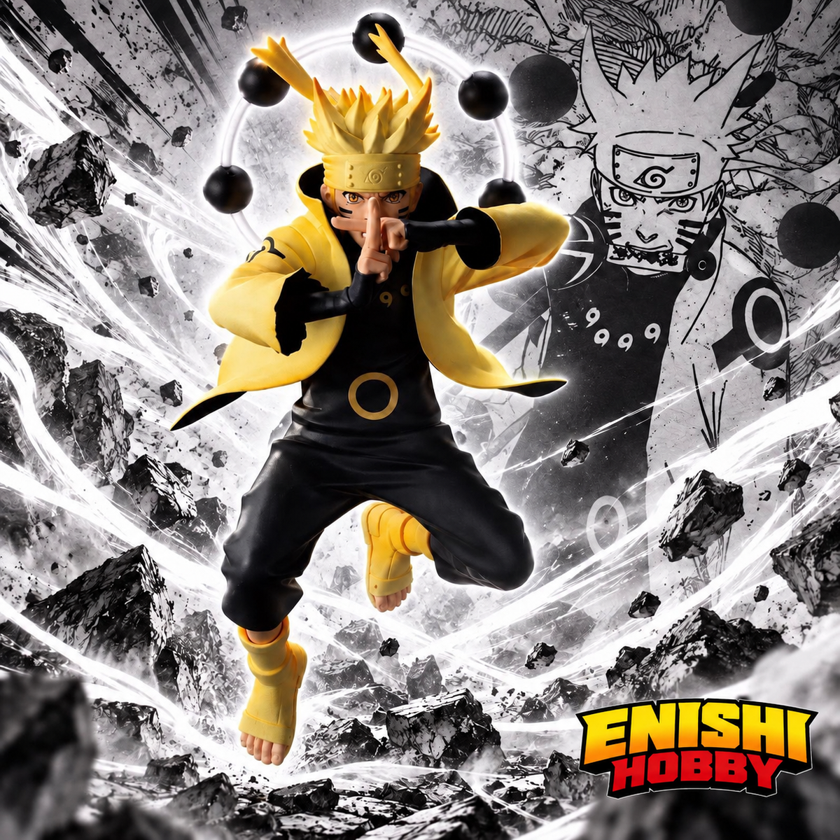Naruto Uzumaki Six Paths Sage Mode figure making a hand sign, with Truth-Seeking Orbs, manga-style artwork, and the ENISHI HOBBY logo.