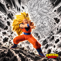 Super Saiyan 3 Son Goku Dragon Ball Z Match Makers figure in wide stance lunging forward with both clawed hands outstretched and mouth open in battle cry, floor-length golden hair flowing behind, orange gi and blue wristbands, against black and white manga sketch of Super Saiyan 3 face with exploding black rock debris and white speed lines, Banpresto Bandai Spirits collectible, ENISHI HOBBY
