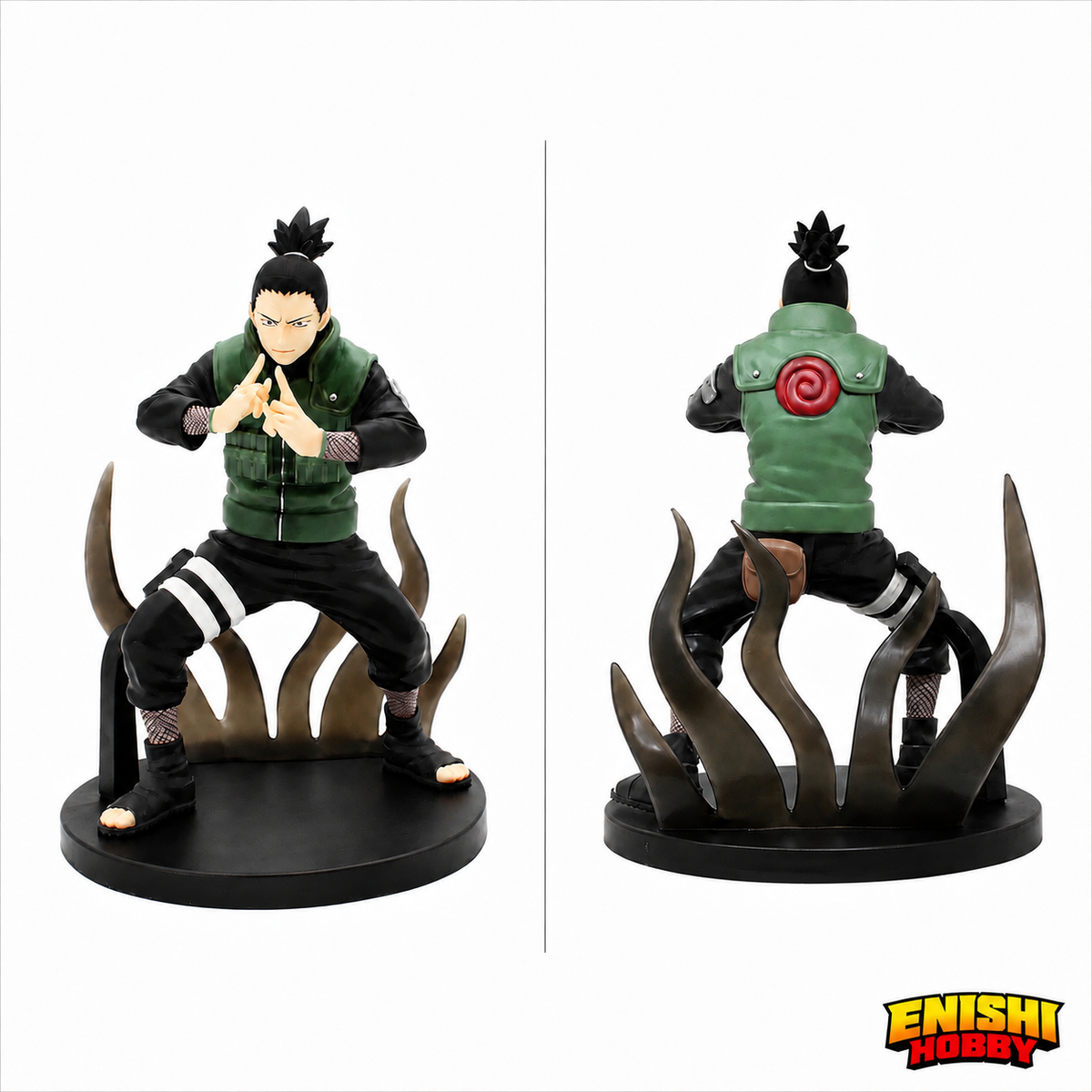 Shikamaru Nara Vibration Stars figure front and back view showing Nara clan spiral crest, Shadow Possession Jutsu pose with shadow tendrils base, NARUTO Shippuden Banpresto
