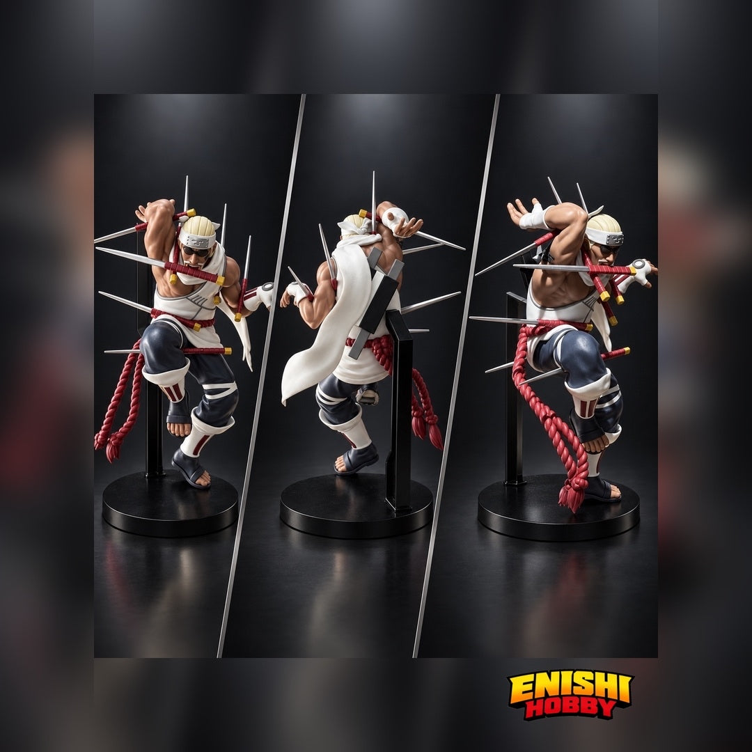 Front, rear, and side views of the VIBRATION STARS Killer Bee figure with multiple swords, a flowing white scarf, and a black display stand.