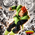 Dragon Ball Z Android 16 figure in a flying battle pose amid rubble and manga-style artwork, with the ENISHI HOBBY logo.