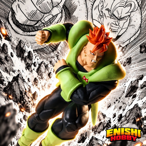 Dragon Ball Z Android 16 figure in a flying battle pose amid rubble and manga-style artwork, with the ENISHI HOBBY logo.