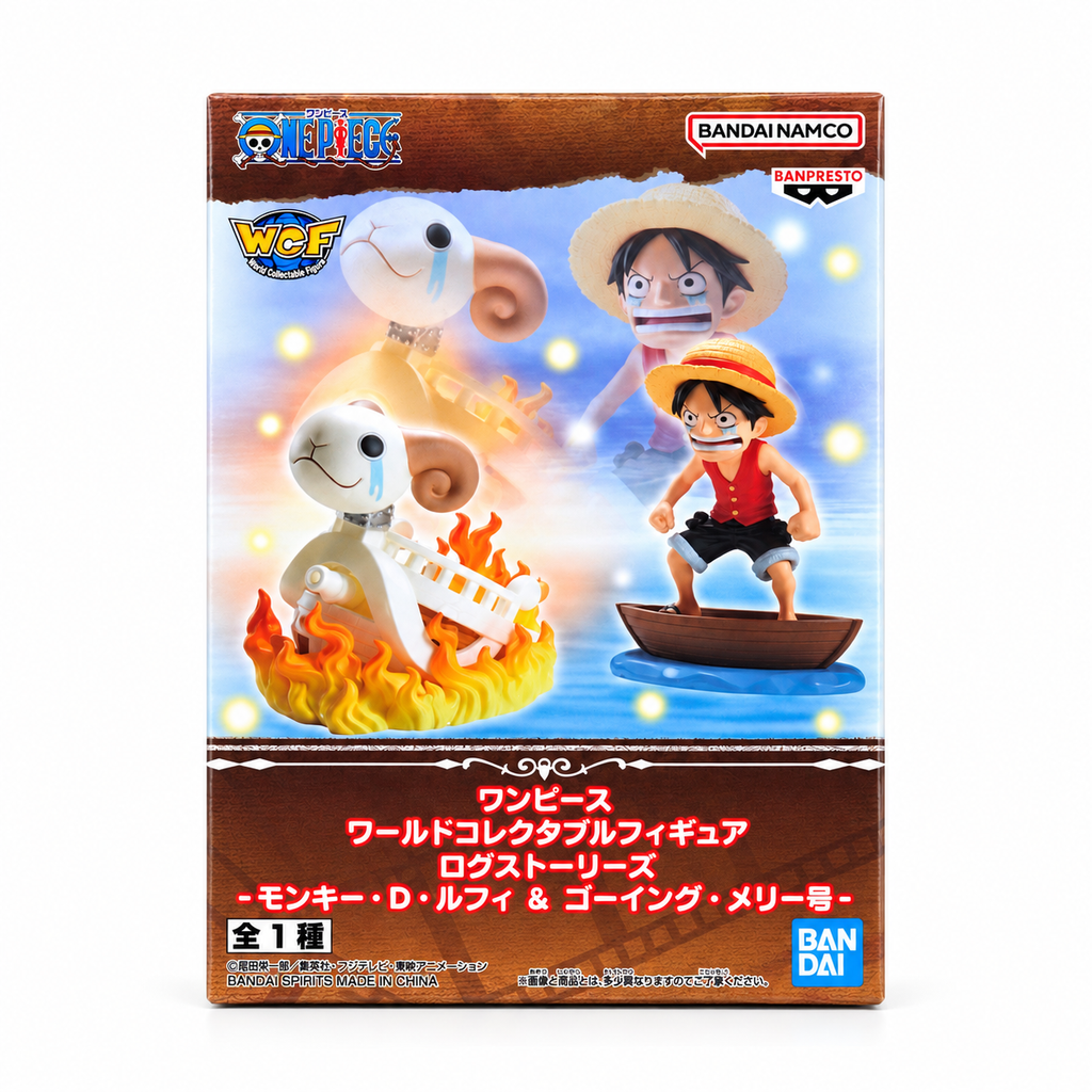 ONE PIECE World Collectable Figure Log Stories Monkey D. Luffy and Going Merry box front with warm brown wood grain frame, sky blue ocean background with golden bokeh lights, chibi Luffy on boat and tearful flaming Going Merry figurehead displayed in window, WCF World Collectable Figure and One Piece logos top left, Bandai Namco Banpresto top right, full Japanese product title at bottom, Bandai logo, amusement prize exclusive
