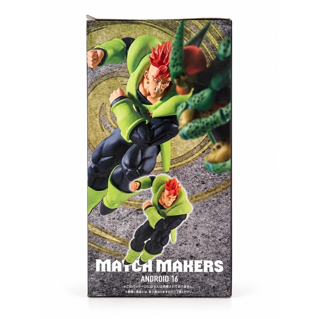 Side panel of the MATCH MAKERS Android 16 box showing a battle display with the separately sold Cell figure and a full-body inset.
