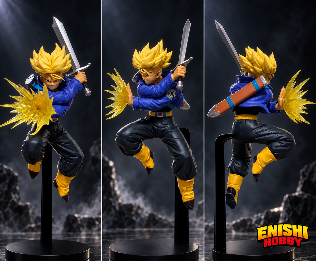 Dragon Ball Z G×materia Trunks Super Saiyan figure shown from left, front, and rear on dark studio background revealing blue jacket with Capsule Corp logo, yellow energy explosion effect, sword detail, brown scabbard on back, and black round display base, Banpresto collectible, ENISHI HOBBY
