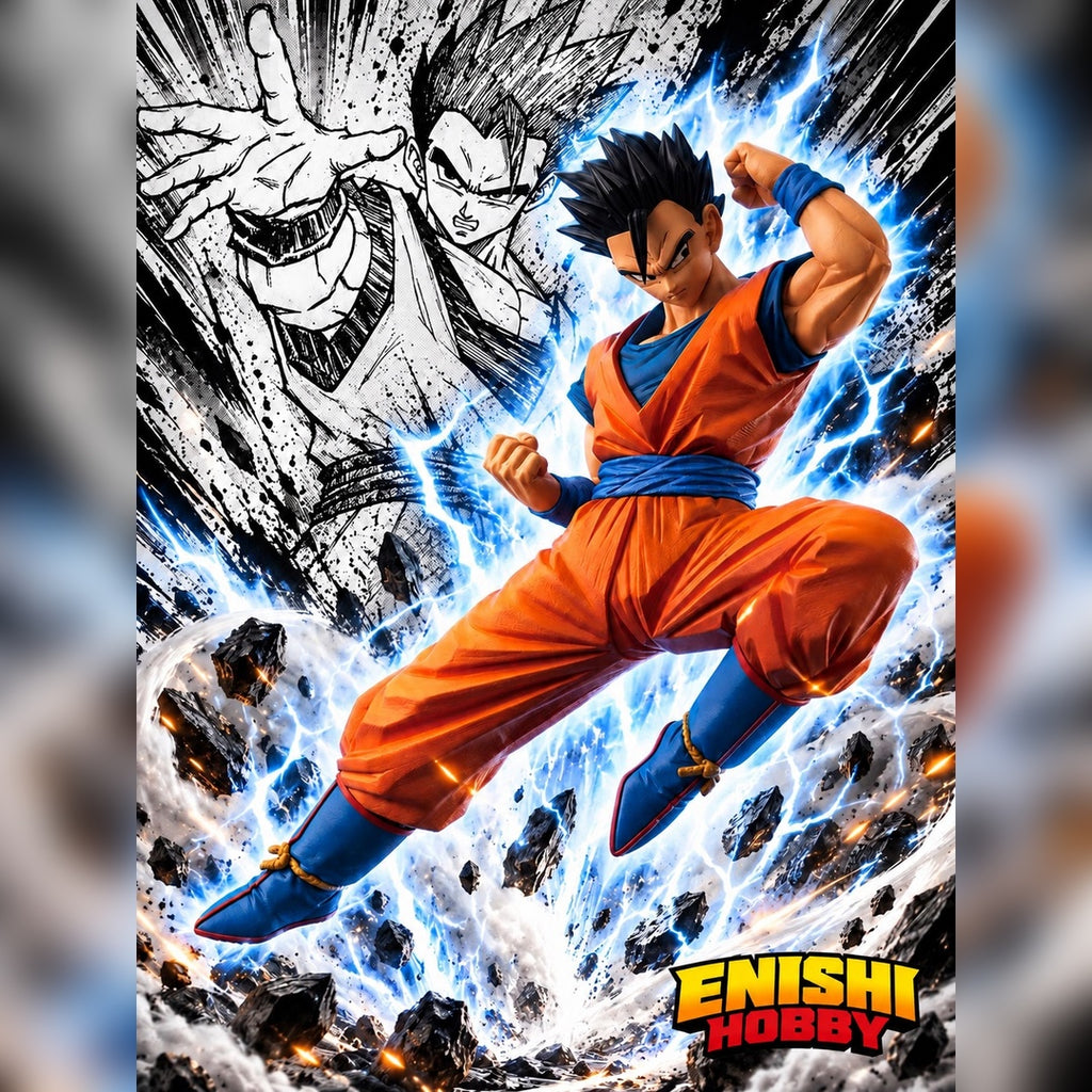 Son Gohan figure in an orange gi with blue lightning effects and manga-style artwork, featuring the ENISHI HOBBY logo.
