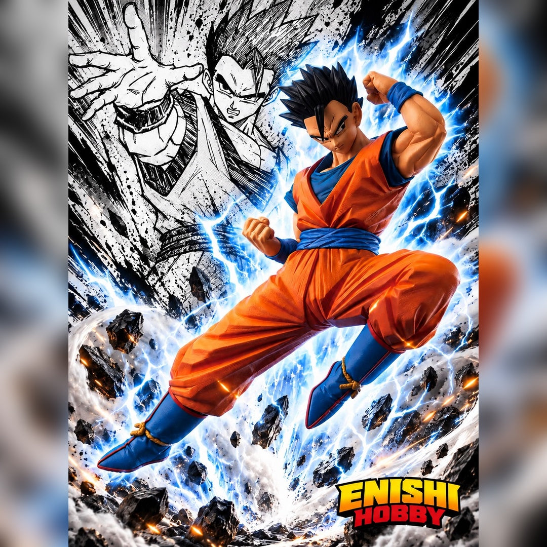 Son Gohan figure in an orange gi with blue lightning effects and manga-style artwork, featuring the ENISHI HOBBY logo.
