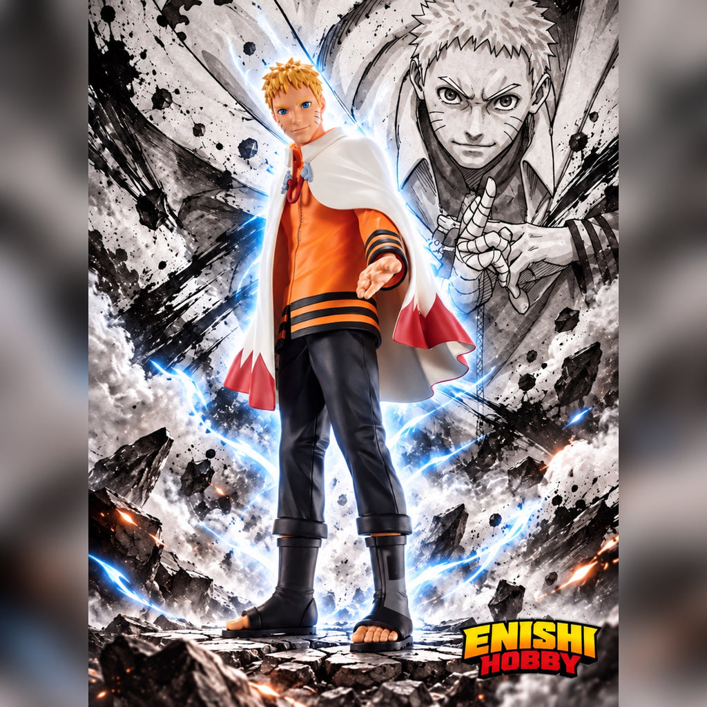Naruto Uzumaki Hokage figure in a white cloak with blue energy effects and manga-style artwork, featuring the ENISHI HOBBY logo.