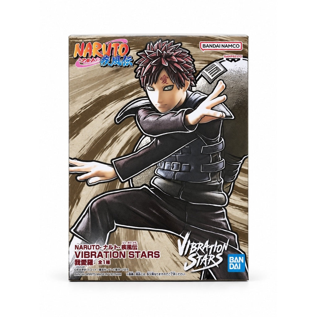 Banpresto NARUTO Shippuden VIBRATION STARS Gaara box panel featuring outlined figure artwork and a Bandai Namco logo.
