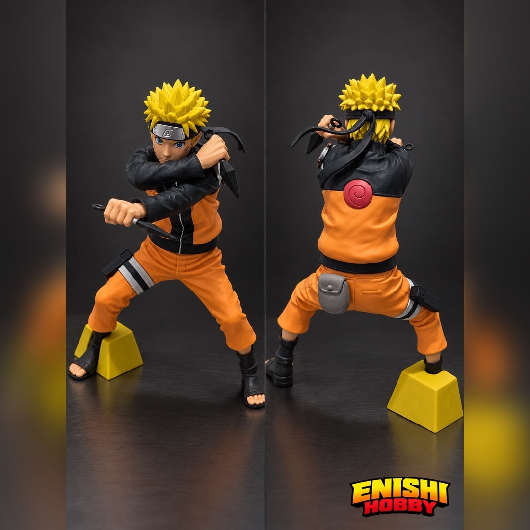 Front and rear views of the Naruto Uzumaki Grandista figure showing his dual-kunai pose, orange-and-black outfit, and yellow foot support.