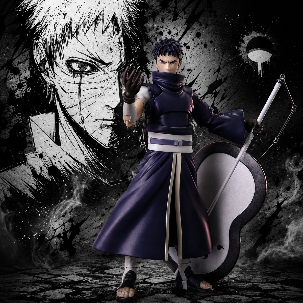S.H.Figuarts Obito Uchiha action figure in dynamic battle pose with manga-style background, NARUTO Shippuden Bandai Tamashii Nations
