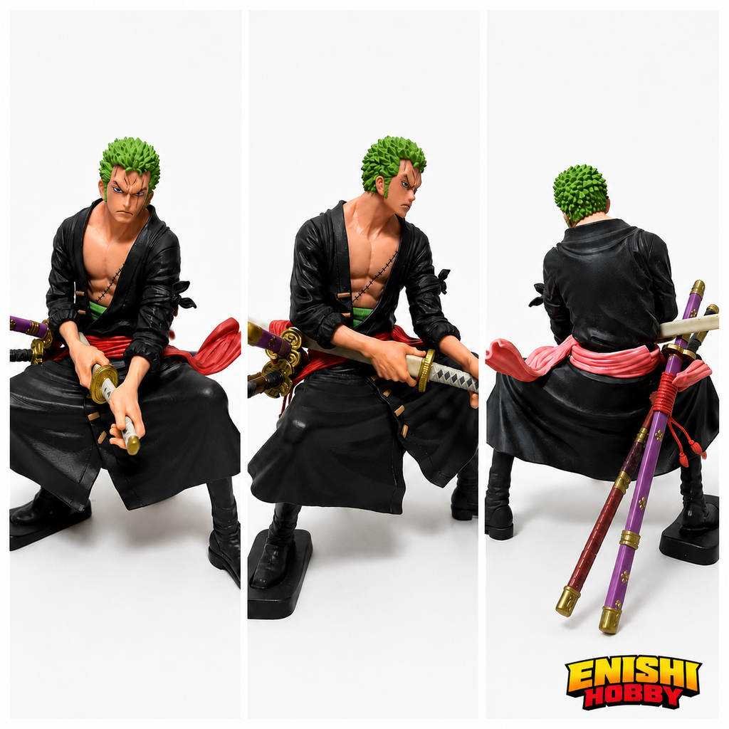 Roronoa Zoro King of Artist Roronoa Zoro & Sanji Special Ver. figure shown from front, side, and rear on white background revealing black jacket, red sash, and Sandai Kitetsu and Enma sword scabbard detail, Banpresto ONE PIECE collectible, ENISHI HOBBY
