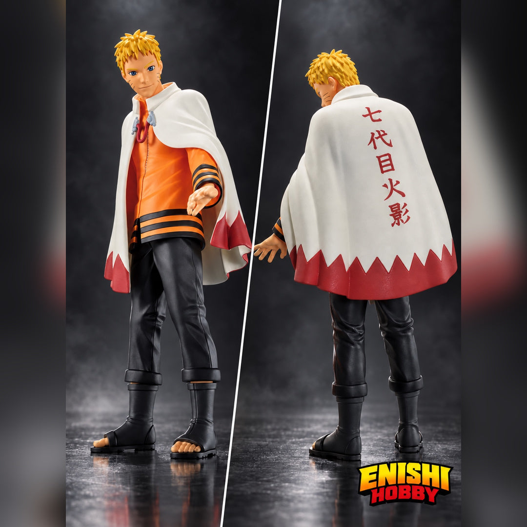 Front and rear views of the Naruto Hokage figure showing his orange jacket and white cloak with red Seventh Hokage lettering.
