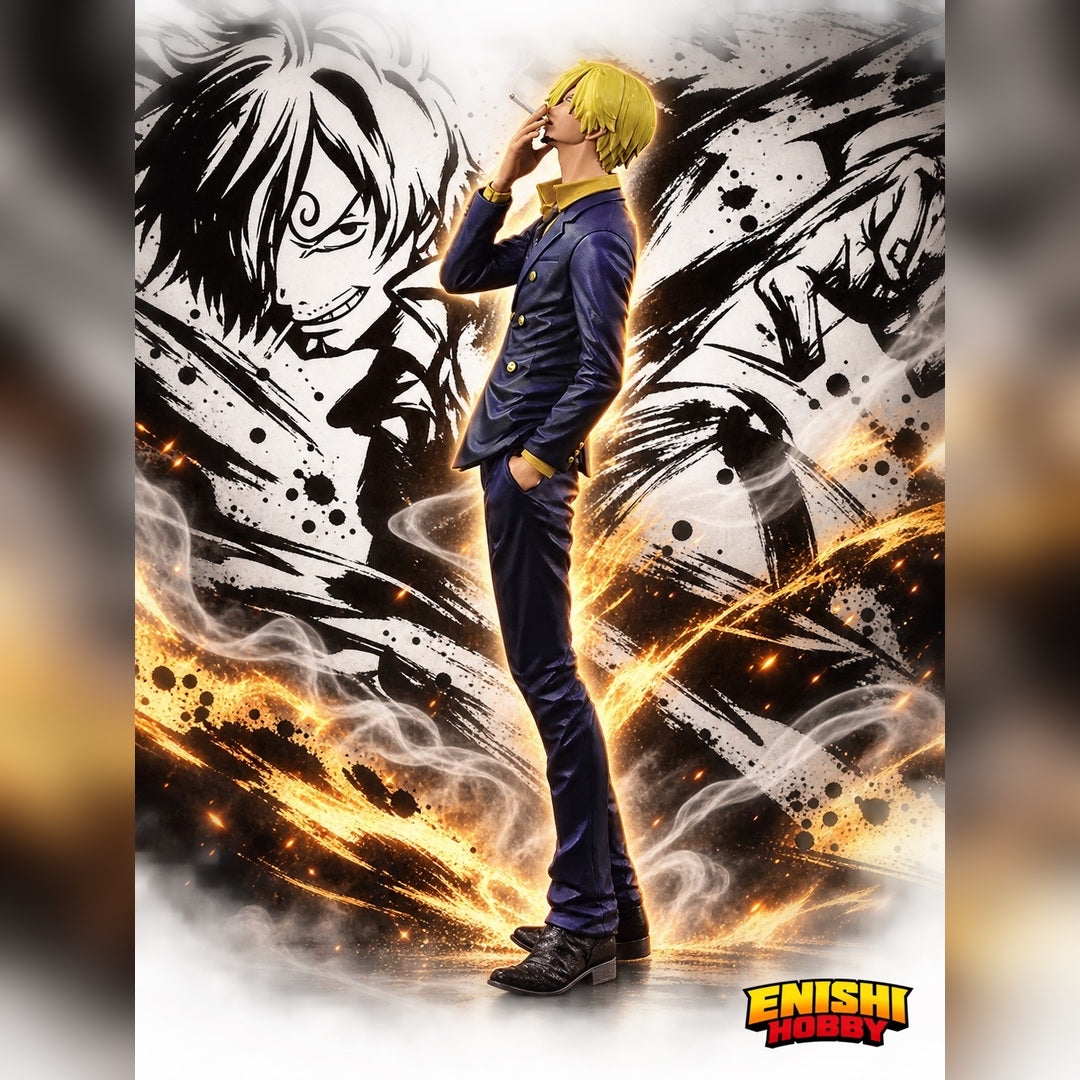 ONE PIECE Sanji figure in a dark suit holding a cigarette, with manga-style artwork, golden effects, and the ENISHI HOBBY logo.