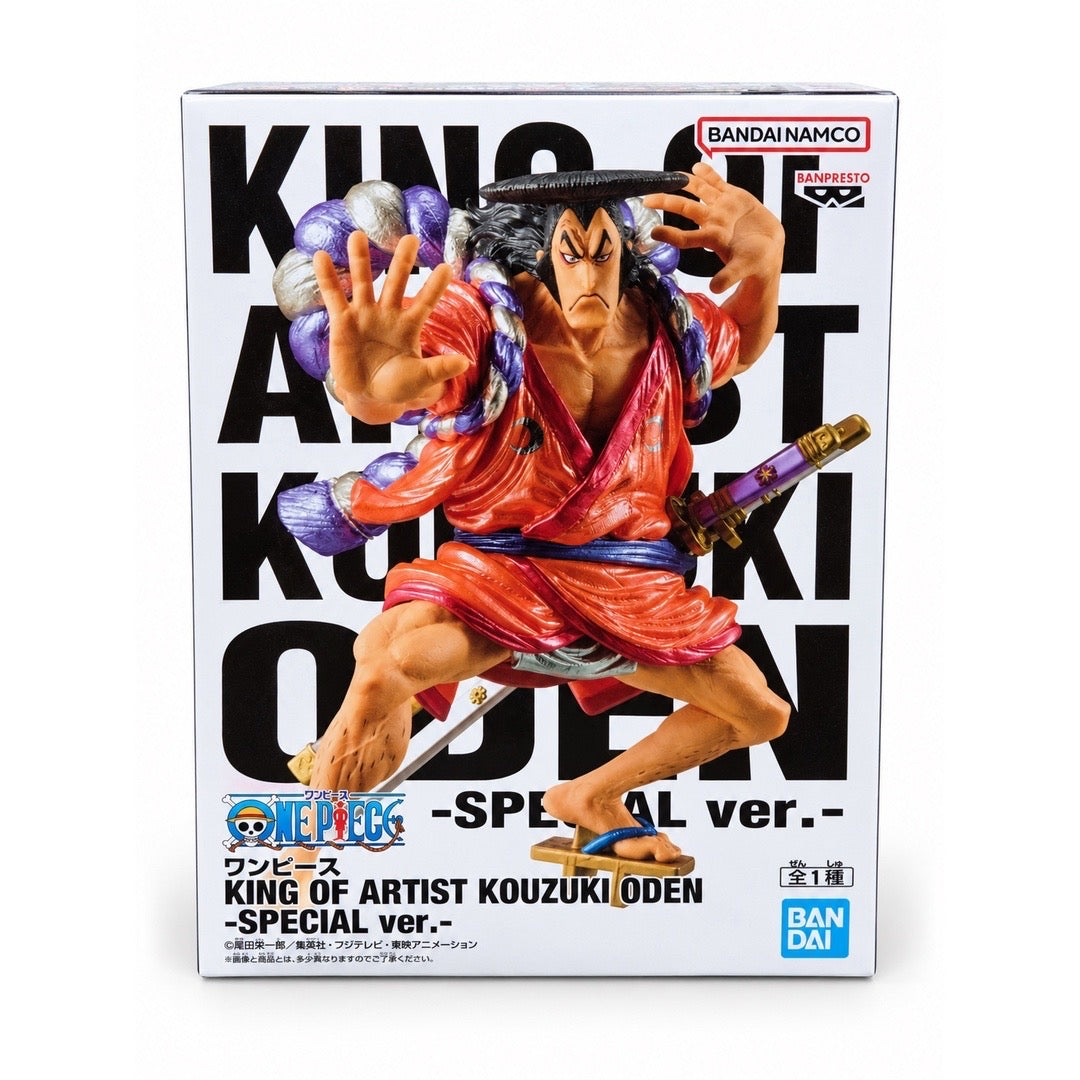 Front of the Banpresto ONE PIECE KING OF ARTIST Kozuki Oden Special Ver. box showing Oden with both hands raised.