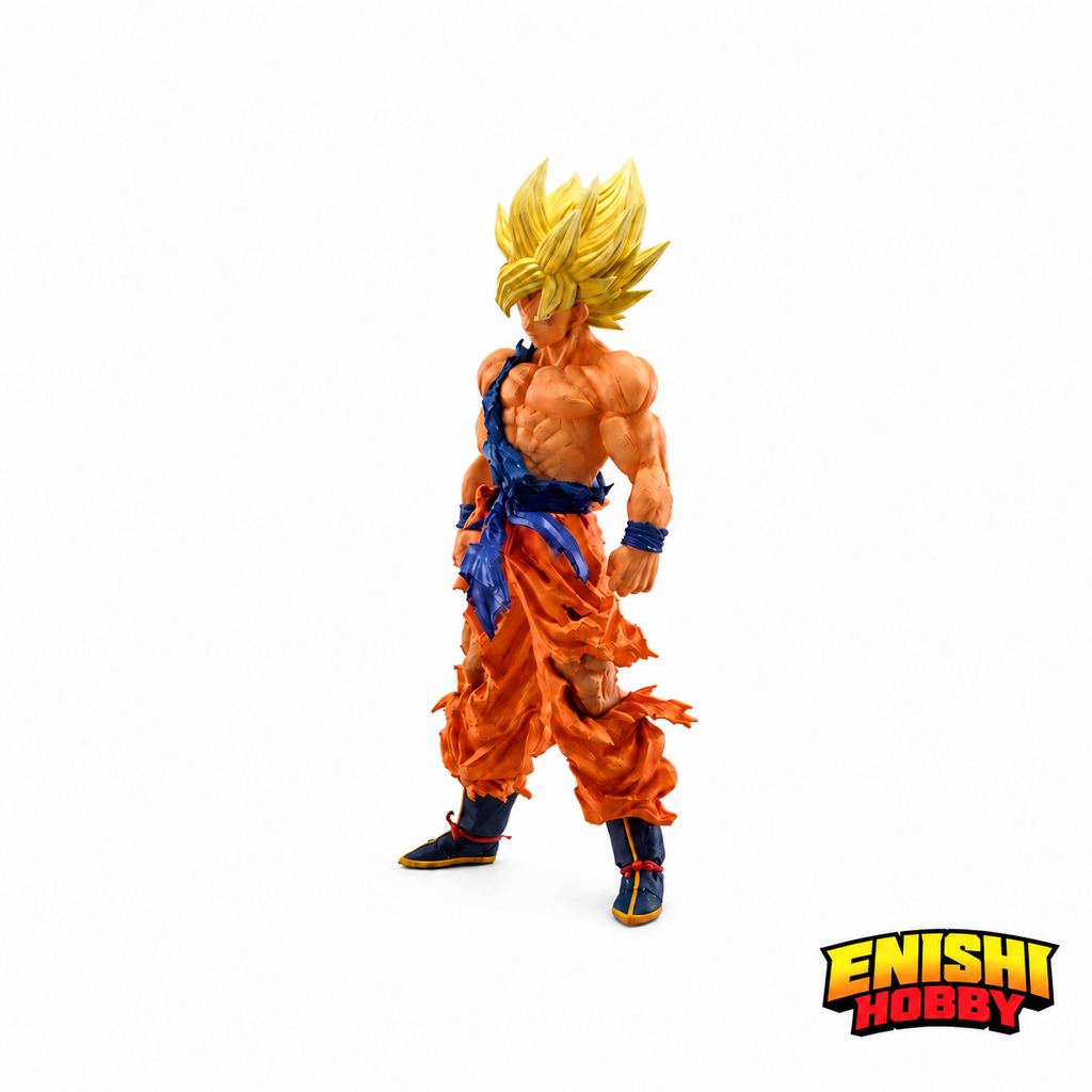 Dragon Ball Z Ichiban Kuji MASTERLISE Super Saiyan Son Goku Prize C figure three-quarter view on white background showing full body detail with golden Super Saiyan hair, torn orange gi, blue wristbands and belt, muscular sculpt, and dark blue boots with red trim, Bandai Spirits collectible, ENISHI HOBBY

