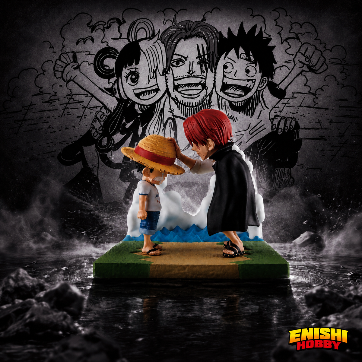 Young Luffy and Shanks WCF Log Stories diorama figure with Shanks placing straw hat on young Luffy on seaside dock base, dramatic manga panel background featuring Shanks, Luffy and Makino faces, ONE PIECE Banpresto collectible, ENISHI HOBBY
