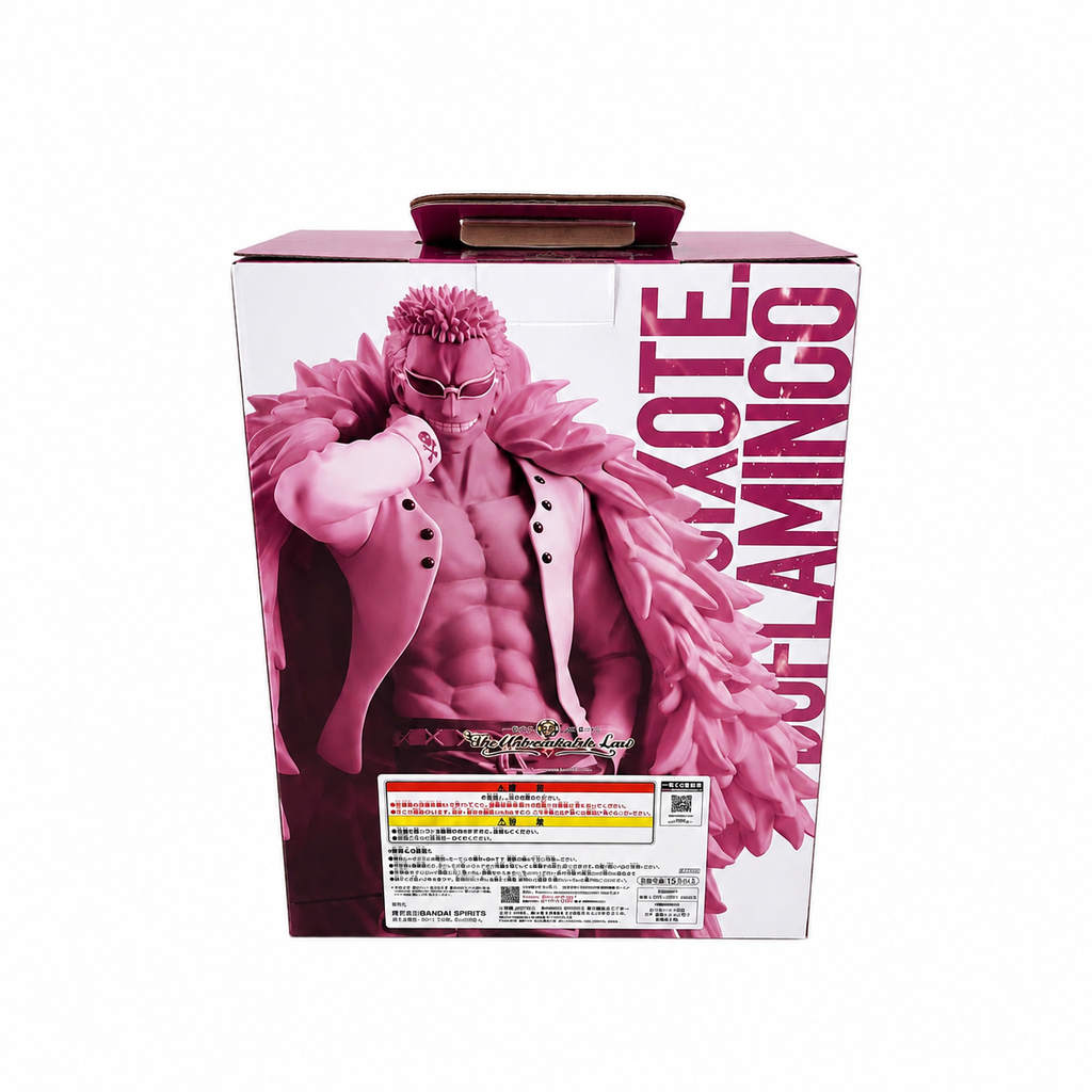 Ichiban Kuji ONE PIECE The Unbreakable Law Doflamingo MASTERLISE Prize D figure box back showing pink monochrome sculpt detail and DONQUIXOTE DOFLAMINGO text, Bandai Spirits product information
