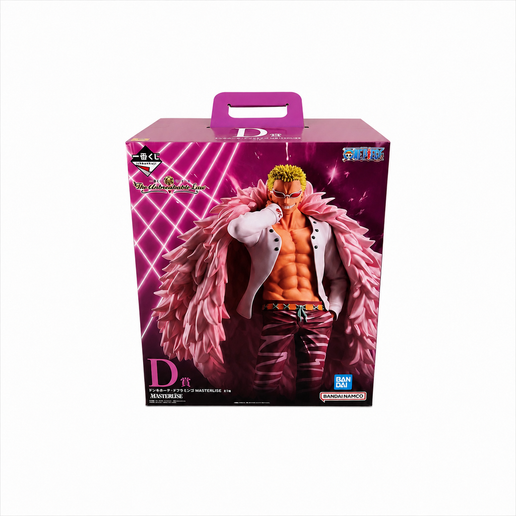 Ichiban Kuji ONE PIECE The Unbreakable Law Doflamingo MASTERLISE Prize D figure box front with pink neon grid artwork, Bandai Namco Bandai Spirits collectible
