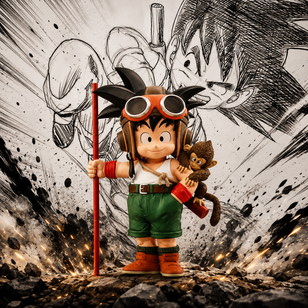 Dragon Ball Snap Collection Son Goku Young Ver. Figure with Power Pole and monkey – Ichiban Kuji C Prize manga art background Bandai
