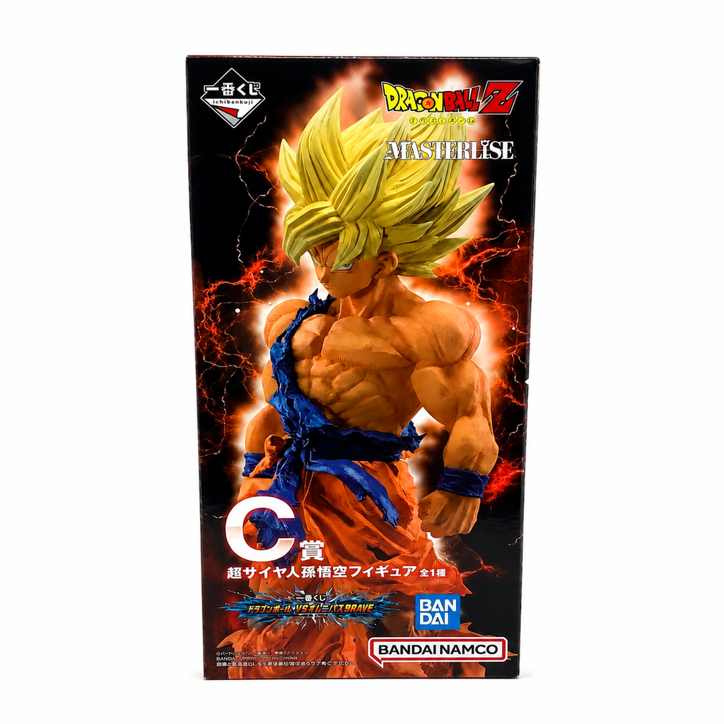 Dragon Ball Z Ichiban Kuji MASTERLISE Super Saiyan Son Goku Prize C figure box side panel showing monochrome grey sculpt render of Goku in standing power stance against red smoke aura on white background, bold red SUPER SAIYAN SON GOKU typography at bottom, Bandai Spirits
