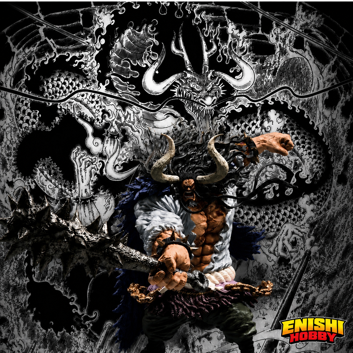 Kaido the Four Emperors Ichiban Kuji ONE PIECE Best of Omnibus Last One Prize figure wielding Kanabo club against dramatic black manga-style dragon background, Bandai Namco collectible, ENISHI HOBBY
