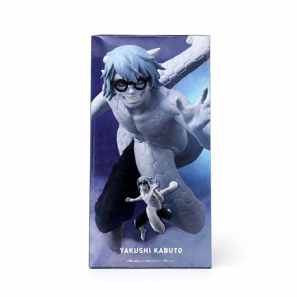 NARUTO Shippuden Vibration Stars Yakushi Kabuto figure box back with blue-purple cave atmosphere background showing dramatic close-up of Kabuto in serpent form reaching toward viewer with menacing grin, small full figure reference image bottom center with YAKUSHI KABUTO caption, Japanese size disclaimer text at bottom, Bandai Spirits collectible
