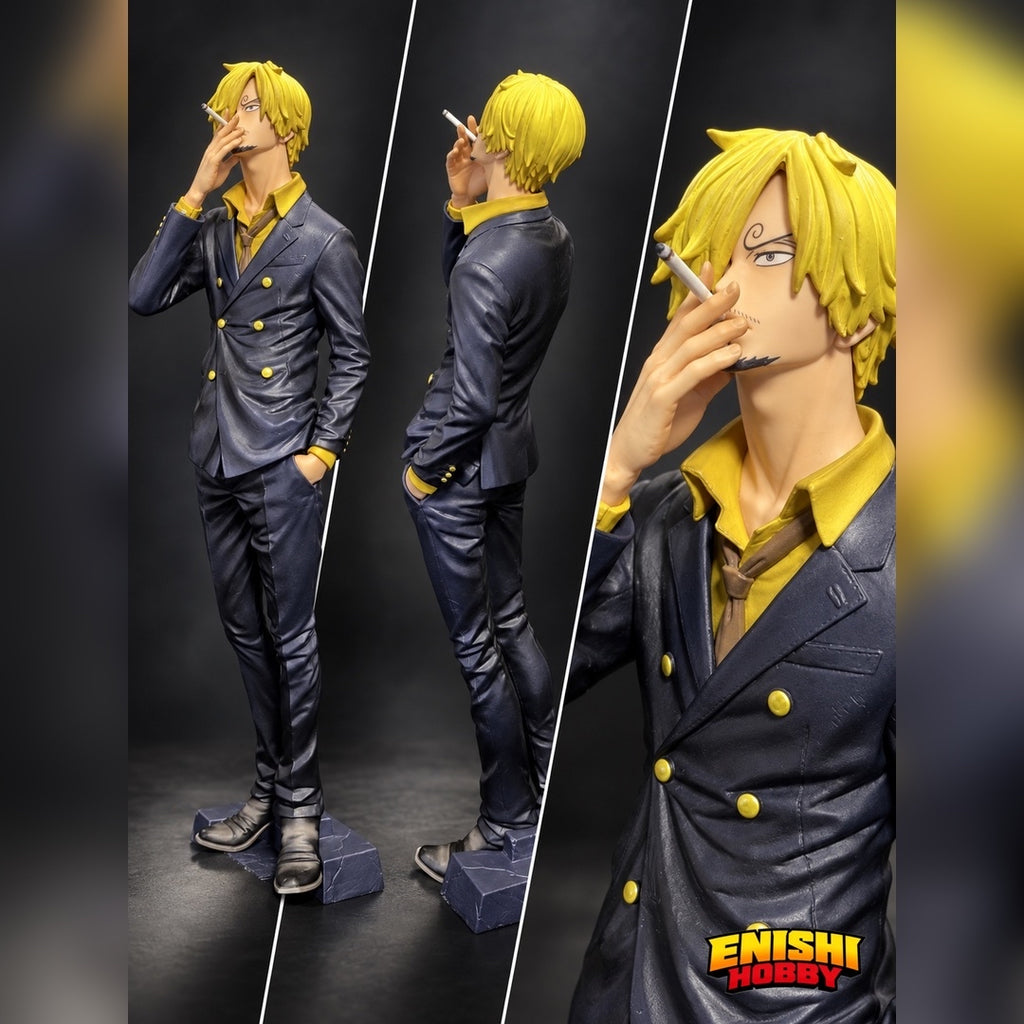 Front and rear views plus a facial close-up of the Banpresto KING OF ARTIST Sanji figure in a dark suit and yellow shirt.