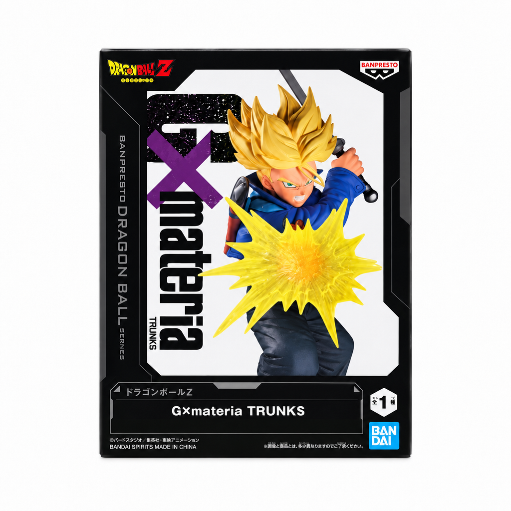 Dragon Ball Z G×materia Trunks figure box front with black trading card frame design featuring galaxy texture G×materia typography, Super Saiyan Trunks sword overhead swing pose with yellow energy burst, purple Vibration Stars line and Banpresto logo top right, Bandai Spirits collectible
