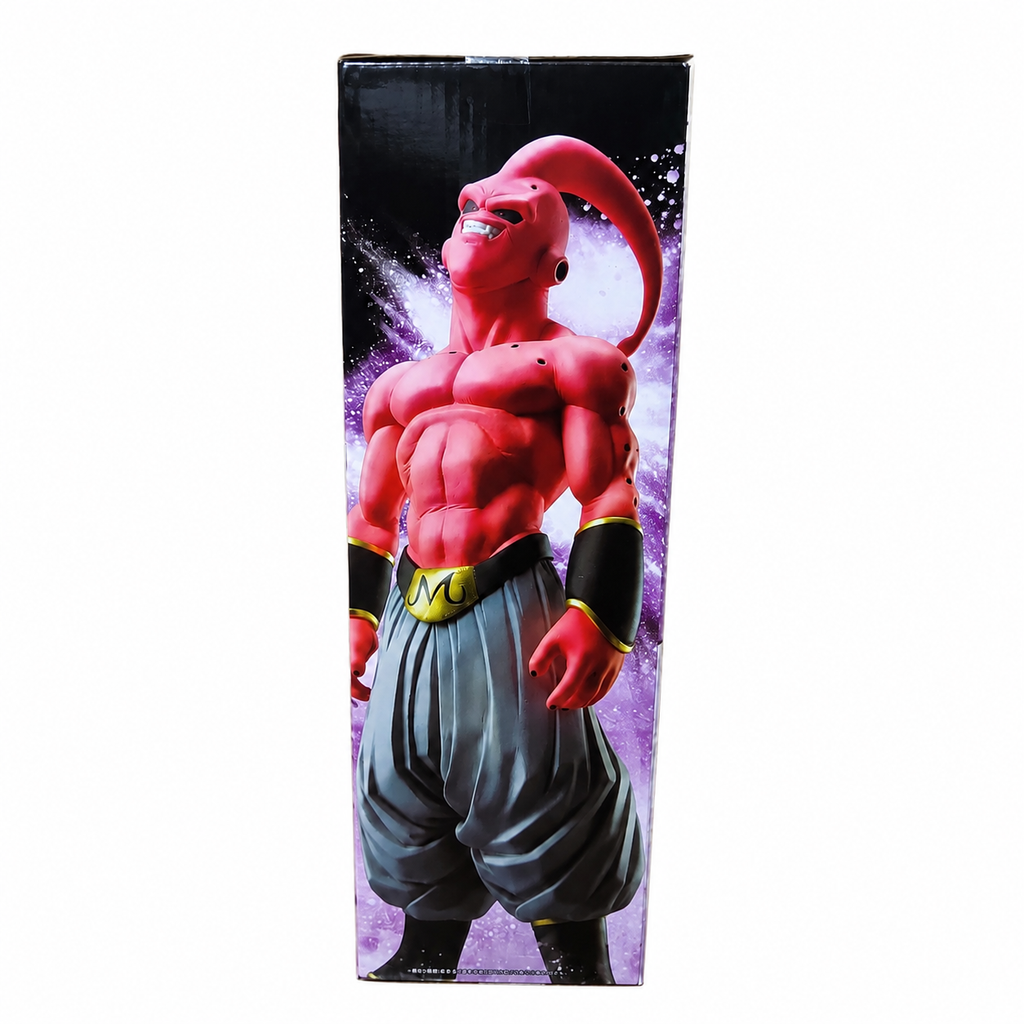 Dragon Ball Z Ichiban Kuji MASTERLISE Super Buu Pure Evil figure box back with purple background showing full figure on left, MASTERLISE series description in Japanese, Ichiban Kuji Dragon Ball VS Omnibus Ultra logo, Japanese safety warnings, Bandai Spirits contact information, barcode, ages 15 and up, PVC material, made in China
