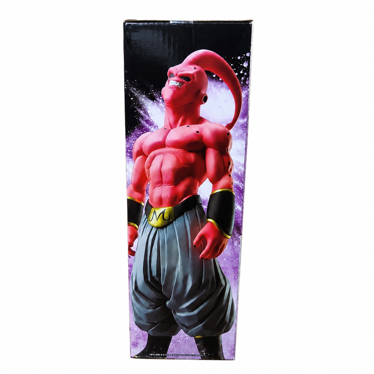 Dragon Ball Z Ichiban Kuji MASTERLISE Super Buu Pure Evil figure box back with purple background showing full figure on left, MASTERLISE series description in Japanese, Ichiban Kuji Dragon Ball VS Omnibus Ultra logo, Japanese safety warnings, Bandai Spirits contact information, barcode, ages 15 and up, PVC material, made in China
