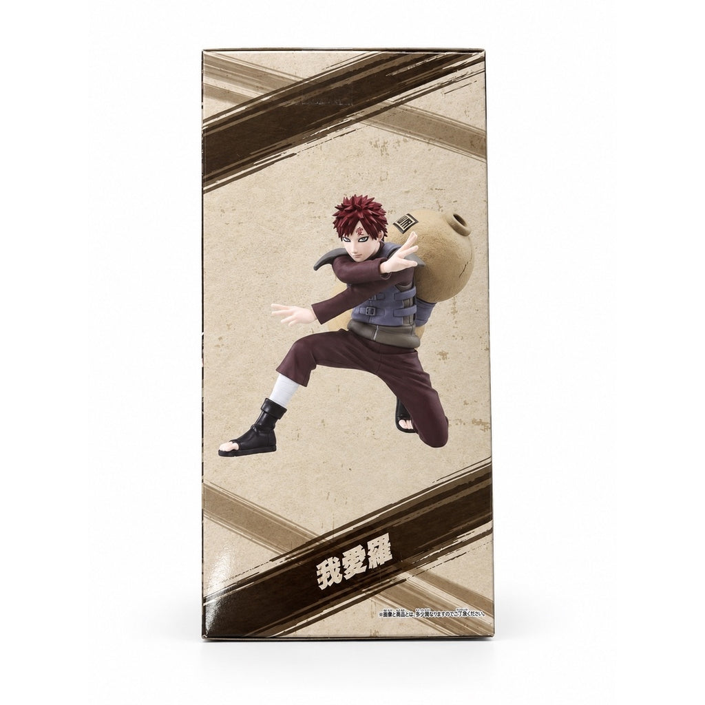 Side panel of the VIBRATION STARS Gaara box showing the full figure with arms extended and a sand gourd on his back.