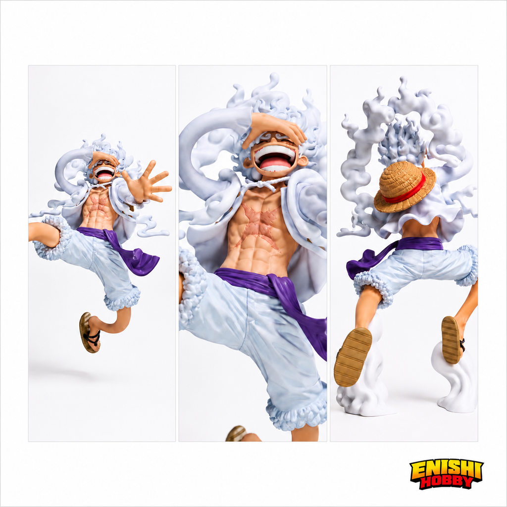 Monkey D. Luffy Gear 5 Grandista GEAR5-III figure shown from front, close-up, and rear angles on white background revealing cloud-like white hair and straw hat detail, Banpresto ONE PIECE collectible, ENISHI HOBBY
